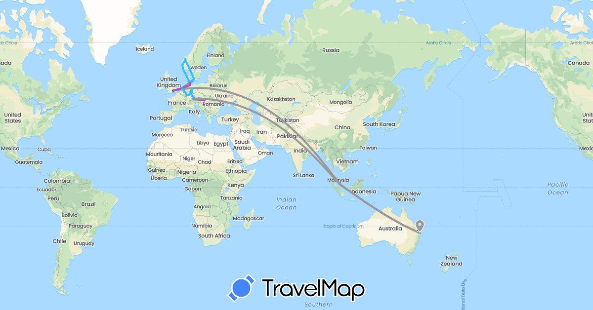 TravelMap itinerary: driving, plane, train, boat in Austria, Australia, Germany, Denmark, United Kingdom, Hungary, Netherlands, Norway, Singapore (Asia, Europe, Oceania)